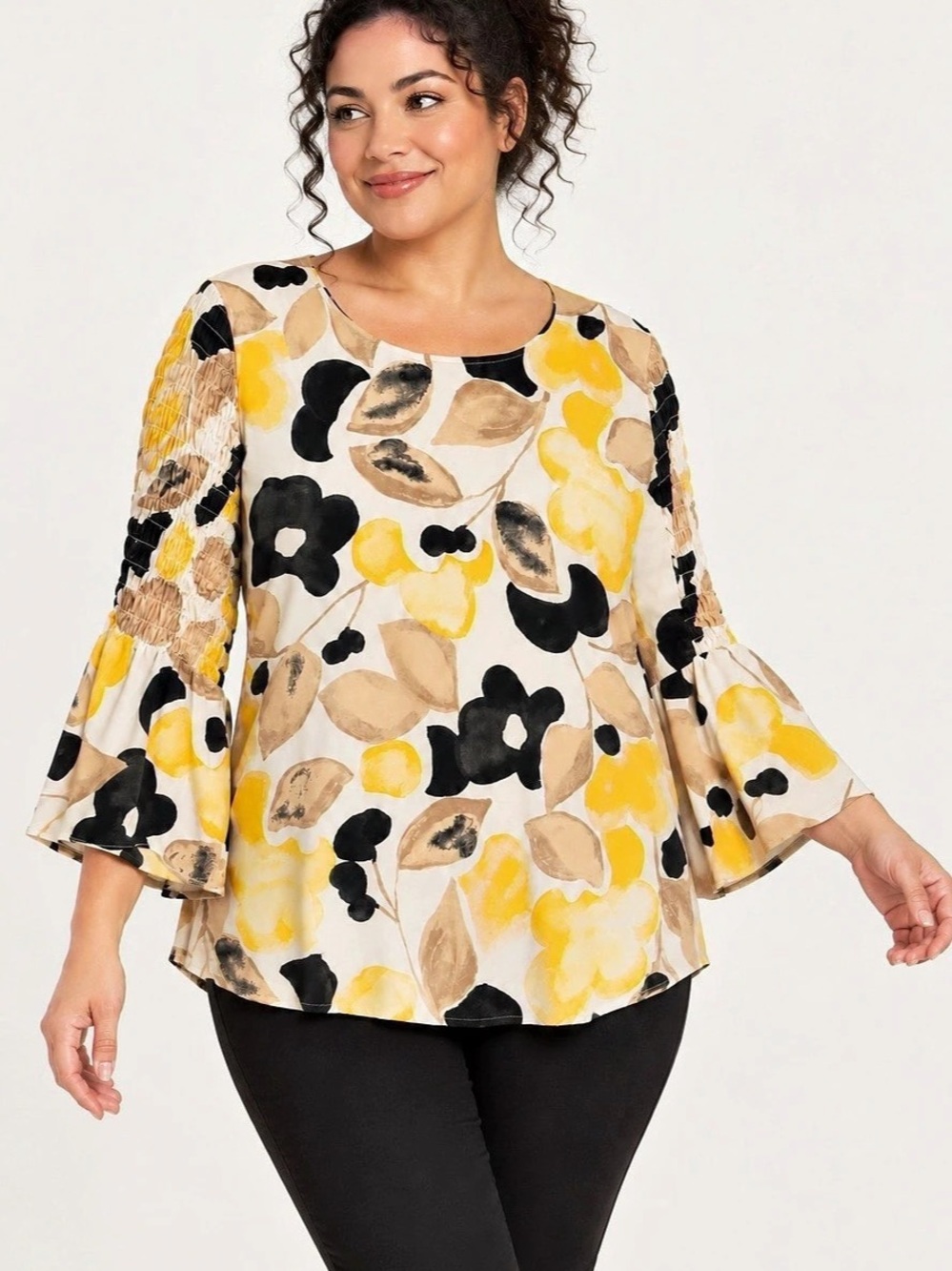ALFANI Abstract Floral Blouse in Yellow & Black Size 2X EUC